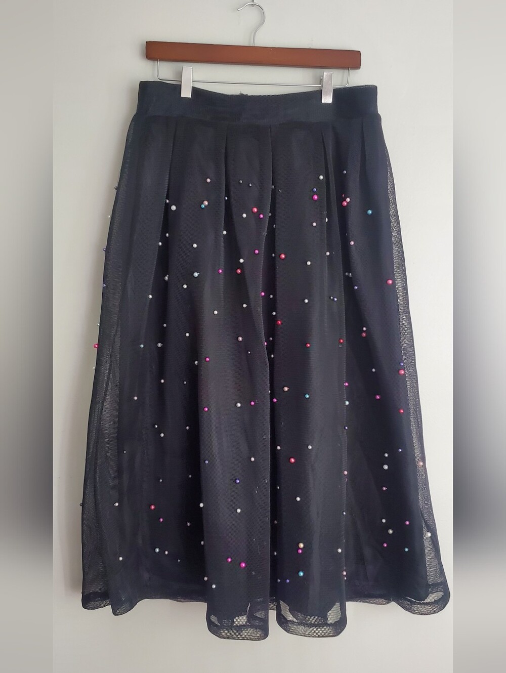 Black A-Line Mesj Midi Skirt with Multicolor Bead Accents Size 1x